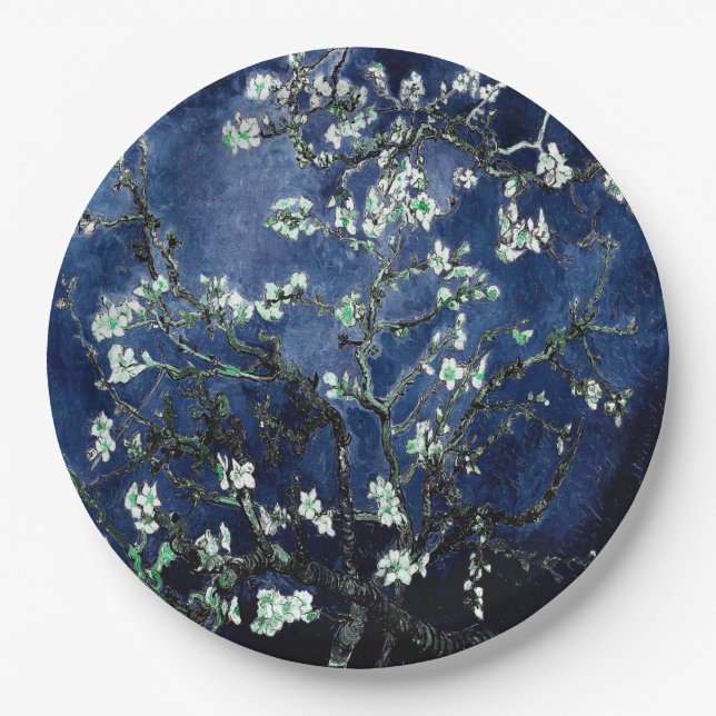 Van Gogh Almond Blossoms Midnight Blue Paper Plate (Front)