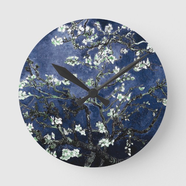 Van Gogh Almond Blossoms Midnight Blue Round Clock (Front)