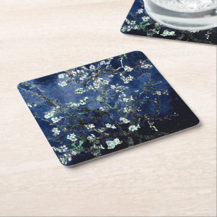 Van Gogh Almond Blossoms Midnight Blue Square Paper Coaster