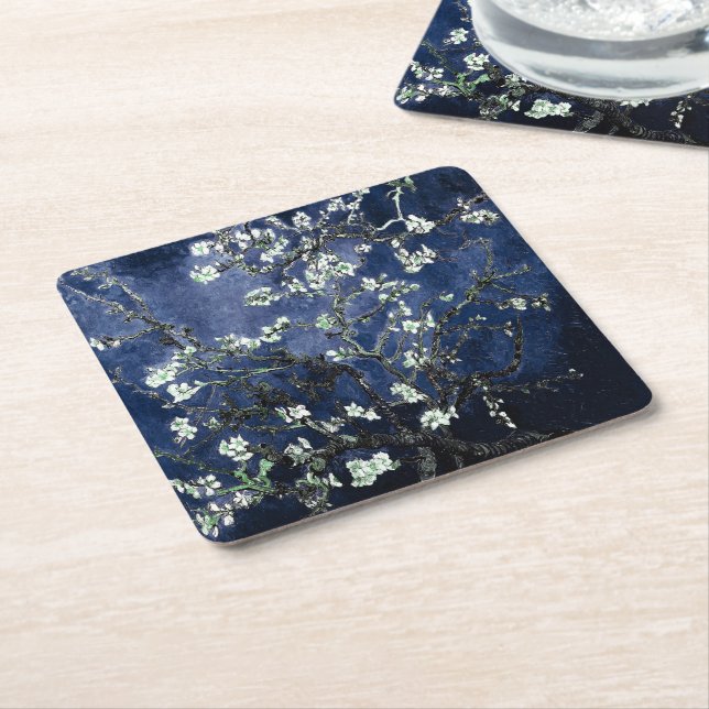 Van Gogh Almond Blossoms Midnight Blue Square Paper Coaster (Angled)