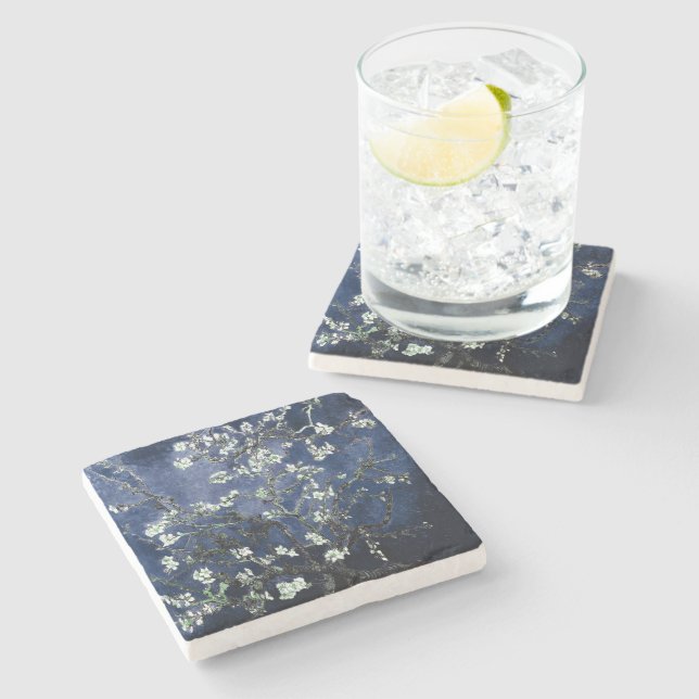 Van Gogh Almond Blossoms Midnight Blue Stone Coaster (Side)