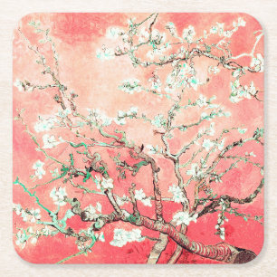 Van Gogh Almond Blossoms Peach Square Paper Coaster