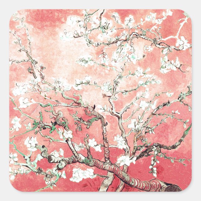 Van Gogh Almond Blossoms Peach Square Sticker (Front)