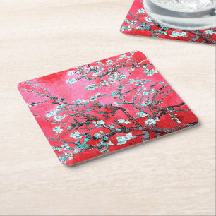 Van Gogh Almond Blossoms Red blue Square Paper Coaster