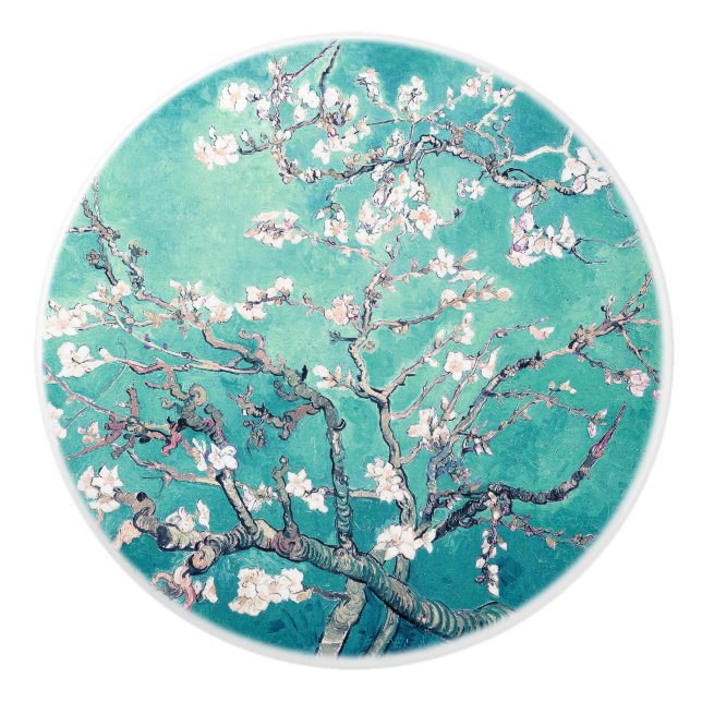 Van Gogh Almond Blossoms Turquoise Ceramic Knob (Front)