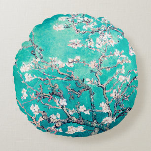 Van Gogh Almond Blossoms Turquoise Round Cushion