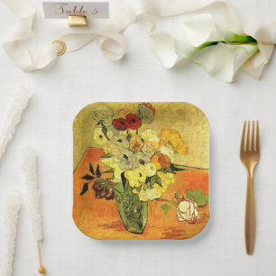 Van Gogh artwork, Japanese Vase with Roses, Paper Plate