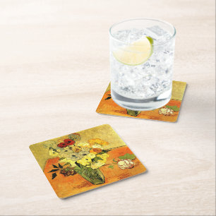 Van Gogh artwork, Japanese Vase with Roses, Square Paper Coaster