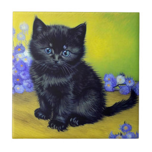 Van Gogh Black Cat Purple Flowers Ceramic Tile
