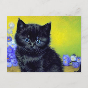 Van Gogh Black Cat Purple Flowers Holiday Postcard