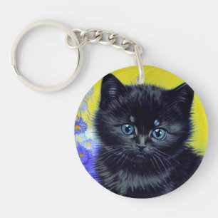 Van Gogh Black Cat Purple Flowers Key Ring