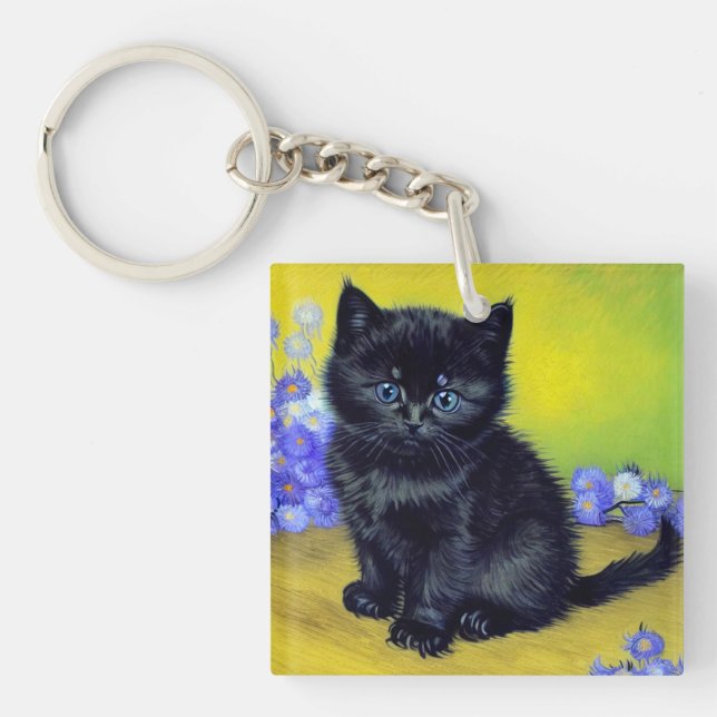 Van Gogh Black Cat Purple Flowers Key Ring (Front)