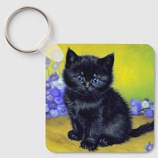Van Gogh Black Cat Purple Flowers Key Ring (Front)