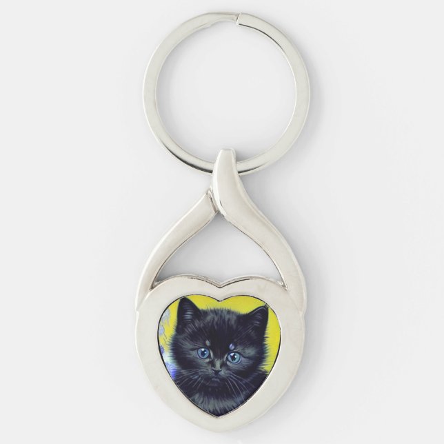 Van Gogh Black Cat Purple Flowers Key Ring (Front)