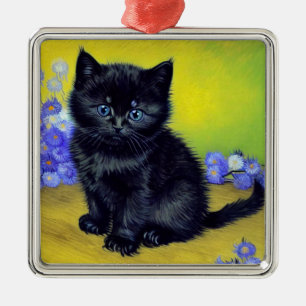 Van Gogh Black Cat Purple Flowers Metal Ornament