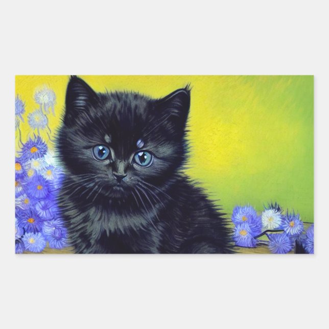 Van Gogh Black Cat Purple Flowers Rectangular Sticker (Front)