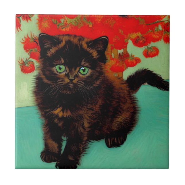Van Gogh Black Cat Red Flowers Ceramic Tile (Front)