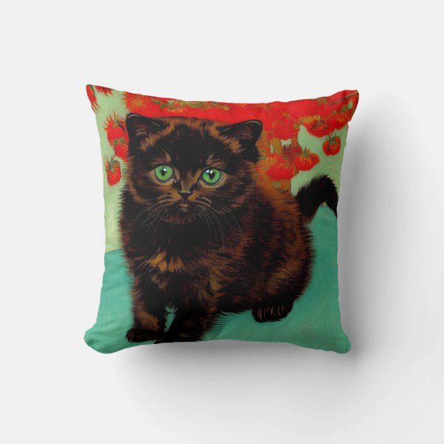 Van Gogh Black Cat Red Flowers Cushion (Front)