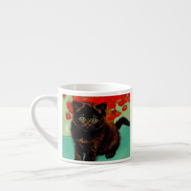 Van Gogh Black Cat Red Flowers Espresso Cup (Left)