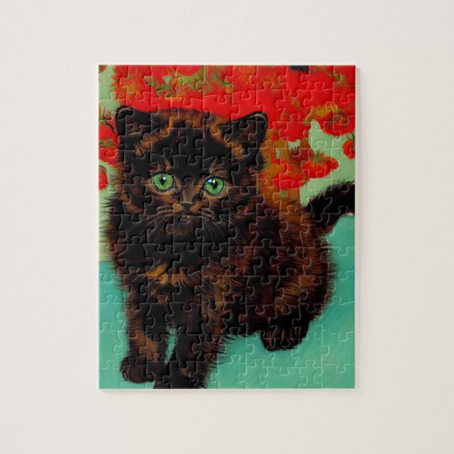 Van Gogh Black Cat Red Flowers Jigsaw Puzzle (Vertical)