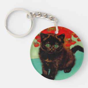 Van Gogh Black Cat Red Flowers Key Ring