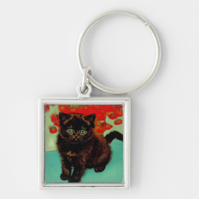 Van Gogh Black Cat Red Flowers Key Ring (Front)