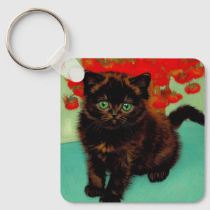 Van Gogh Black Cat Red Flowers Key Ring