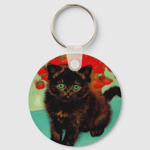 Van Gogh Black Cat Red Flowers Key Ring