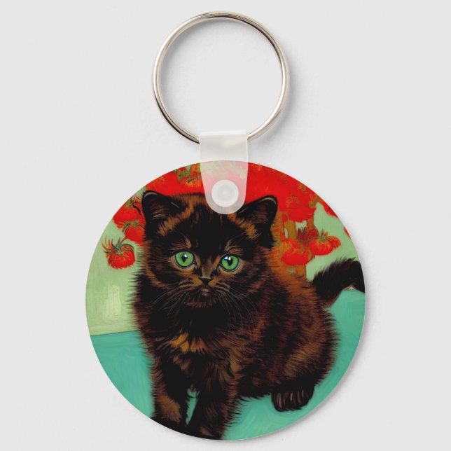 Van Gogh Black Cat Red Flowers Key Ring (Front)
