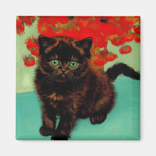 Van Gogh Black Cat Red Flowers Magnet