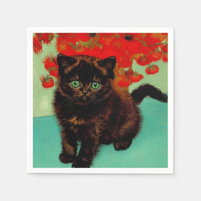 Van Gogh Black Cat Red Flowers Napkin (Front)