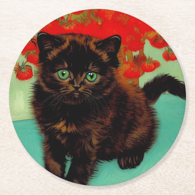 Van Gogh Black Cat Red Flowers Round Paper Coaster (Front)