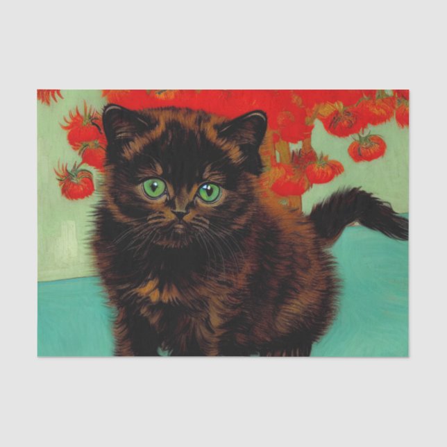 Van Gogh Black Cat Red Flowers Tissue Paper (Front)