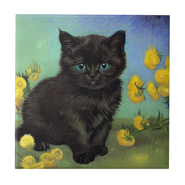 Van Gogh Black Cat Yellow Flowers Ceramic Tile (Front)