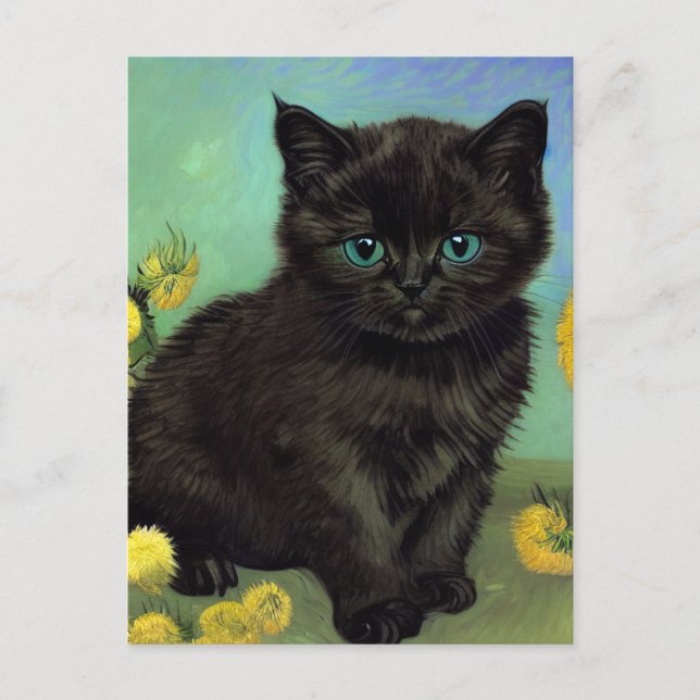 Van Gogh Black Cat Yellow Flowers Holiday Postcard (Front)