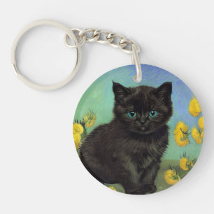 Van Gogh Black Cat Yellow Flowers Key Ring