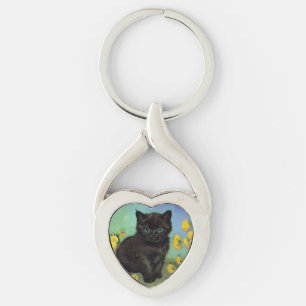 Van Gogh Black Cat Yellow Flowers Key Ring