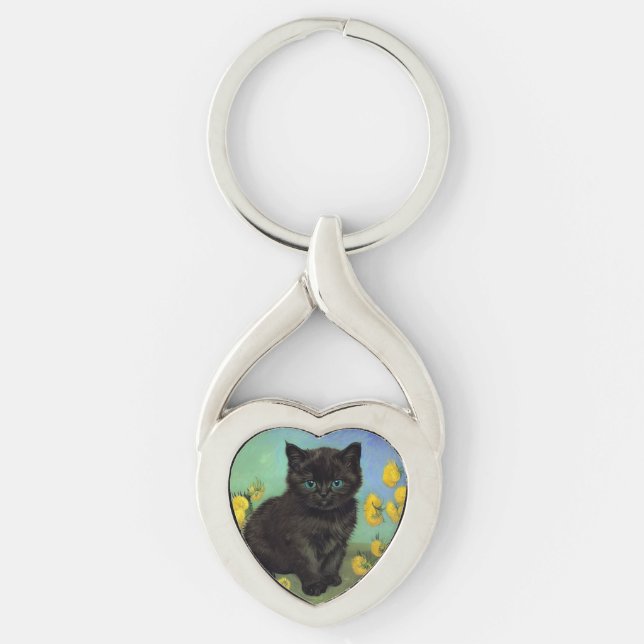 Van Gogh Black Cat Yellow Flowers Key Ring (Front)