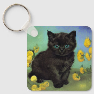 Van Gogh Black Cat Yellow Flowers Key Ring