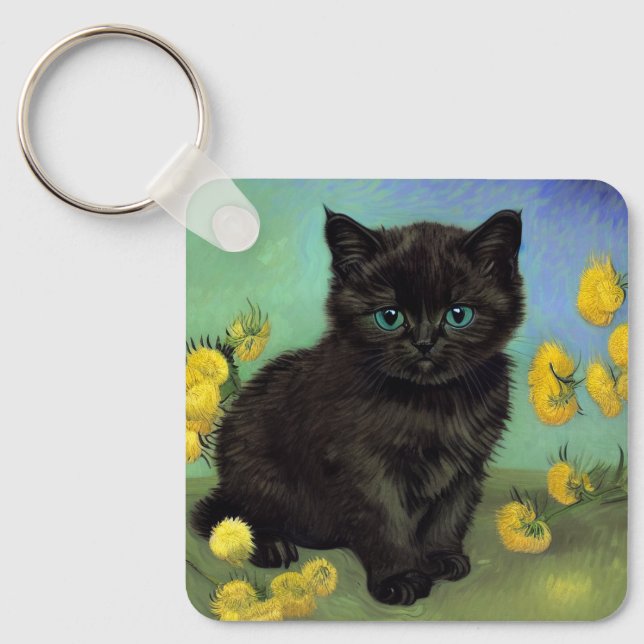Van Gogh Black Cat Yellow Flowers Key Ring (Front)