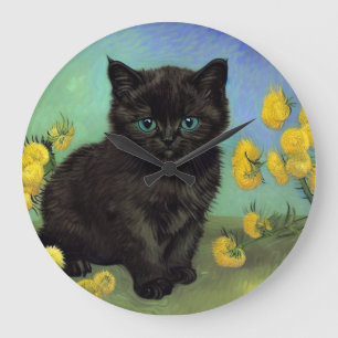 Van Gogh Black Cat Yellow Flowers Large Clock