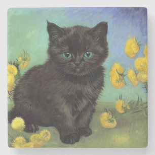 Van Gogh Black Cat Yellow Flowers Stone Coaster