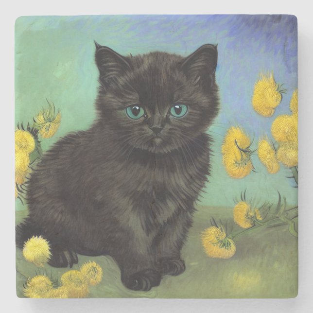 Van Gogh Black Cat Yellow Flowers Stone Coaster (Front)