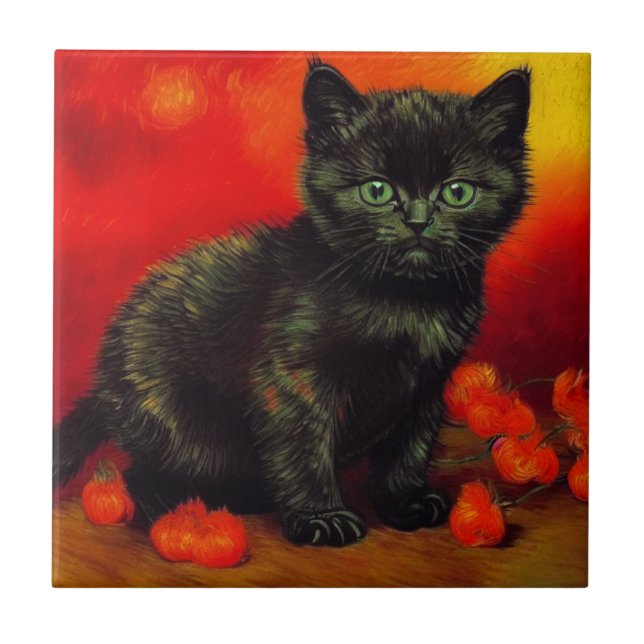 Van Gogh Black Kitten Ceramic Tile (Front)