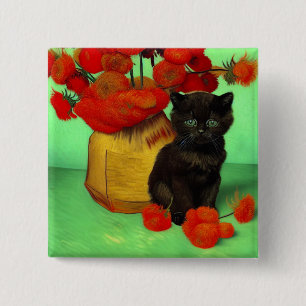 Van Gogh Black Kitten Red Flowers 15 Cm Square Badge