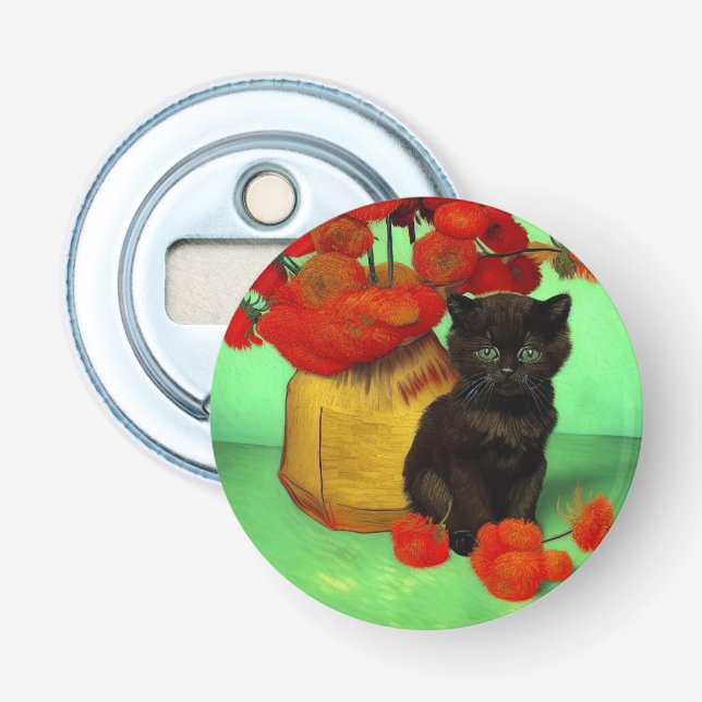 Van Gogh Black Kitten Red Flowers Bottle Opener (Front)