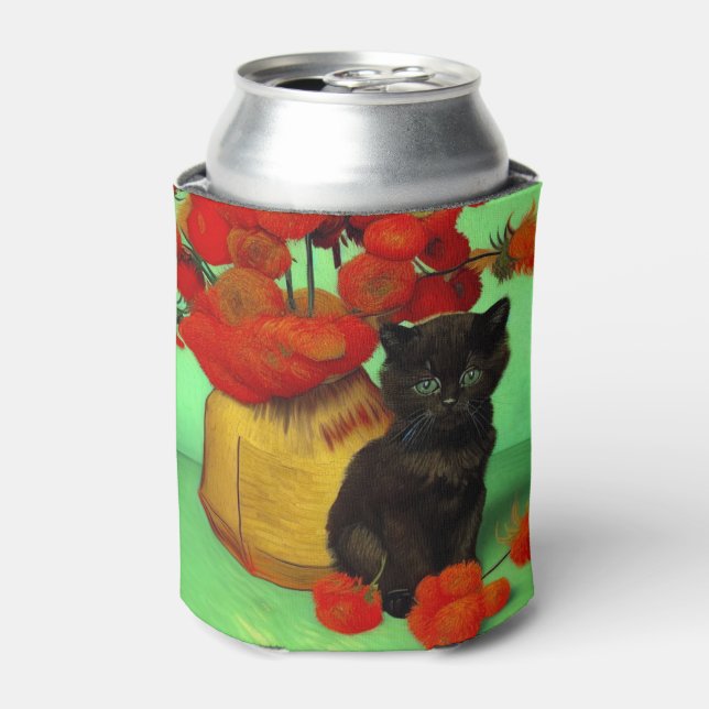 Van Gogh Black Kitten Red Flowers Can Cooler (Can Front)
