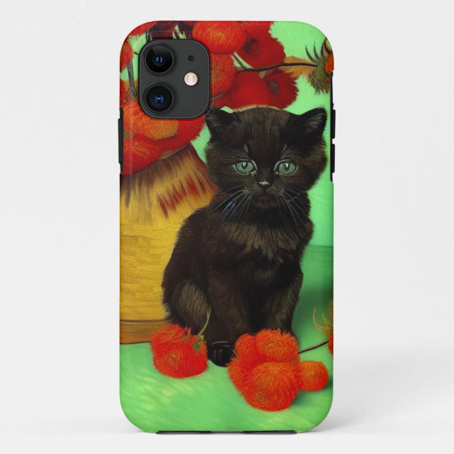Van Gogh Black Kitten Red Flowers Case-Mate iPhone Case (Back)