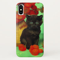 Van Gogh Black Kitten Red Flowers