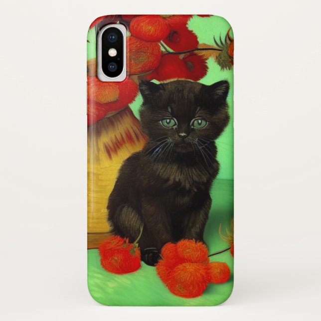 Van Gogh Black Kitten Red Flowers Case-Mate iPhone Case (Back)